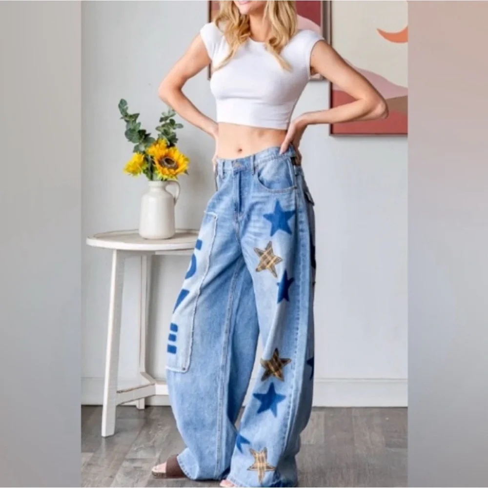 Oli & Hali Love + Stars Patchwork Baggy Jeans | Distressed Denim Pants - Picture 8 of 10